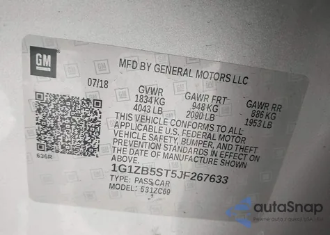 2018 Chevrolet Malibu 1Ls z USA, uszkodzony, nr VIN 1G1ZB5ST5JF267633